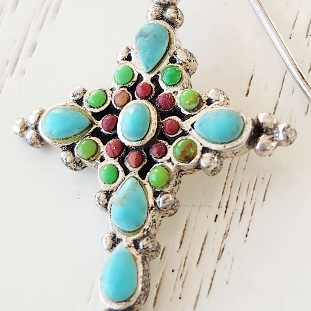 Barse Turquoise/Carneilan 925 Sterling Silver Cross Earrings - Picture 3 of 6